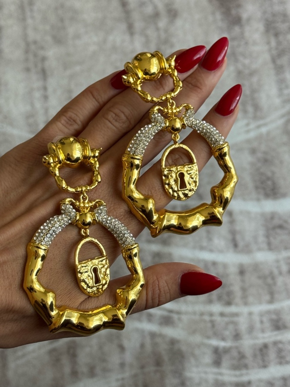 Vintage Gold Bamboo Hoop Earrings with Padlock Charms Schiaparelli inspired